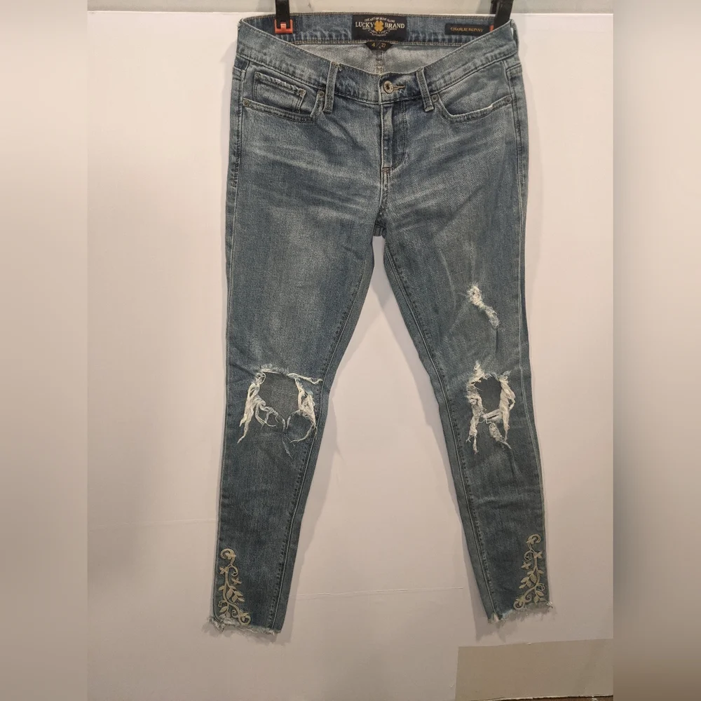 Lucky Brand 4/27 Charlie Skinny Jeans Floral Embroidered Raw Hem Distressed